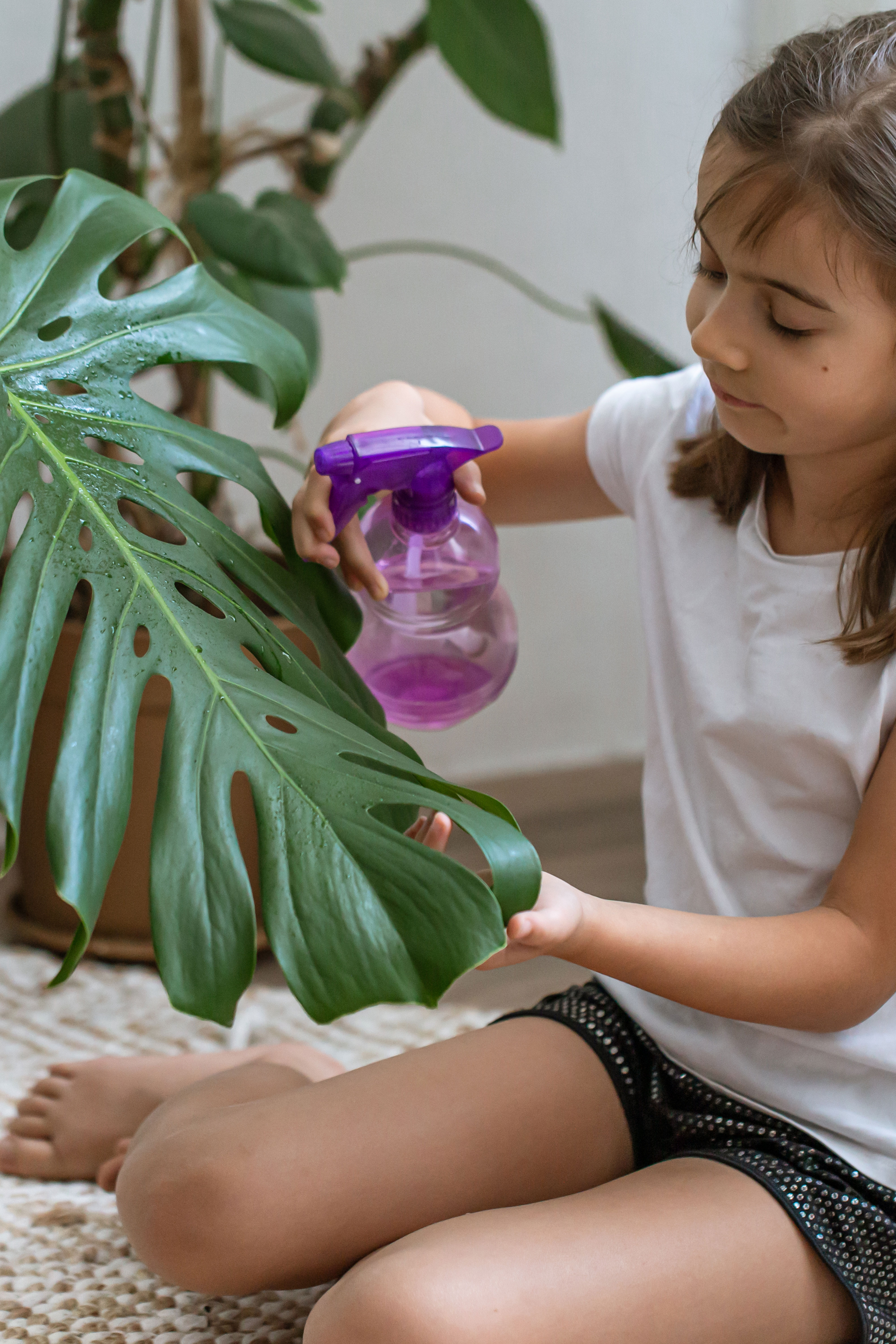Bambina che nebulizza una monstera